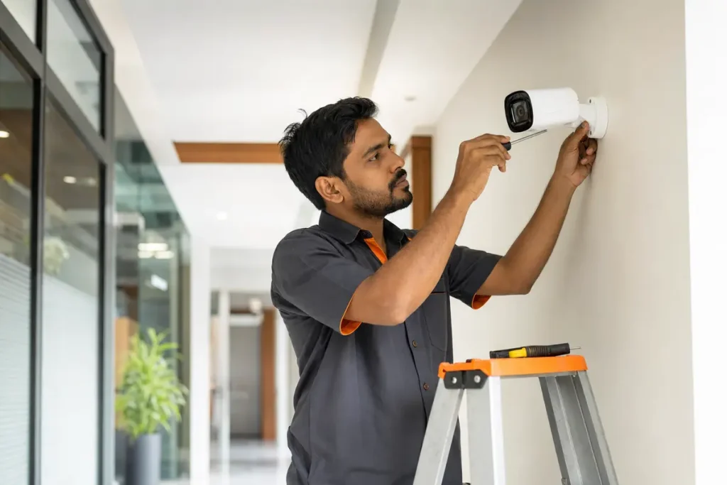 Professional CCTV technician installing a security camera in a modern office