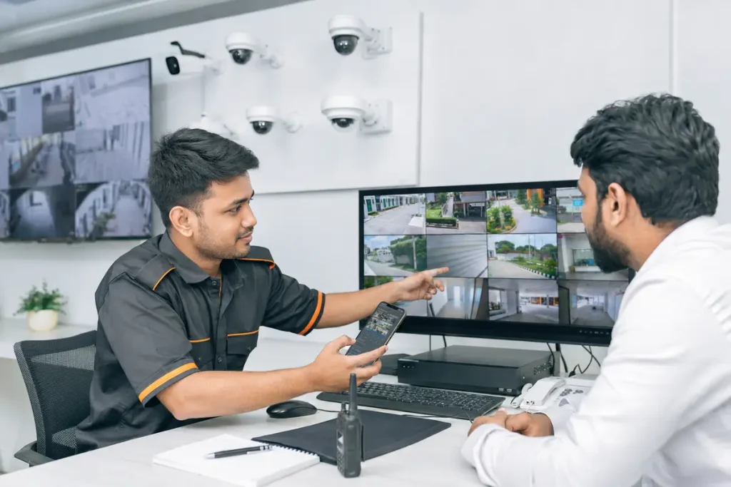 Technician testing CCTV monitoring and remote viewing with a client
