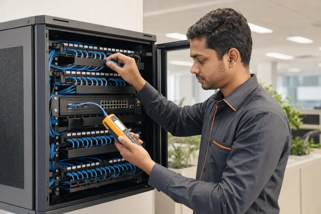 Technician testing structured network cabling and a network rack
