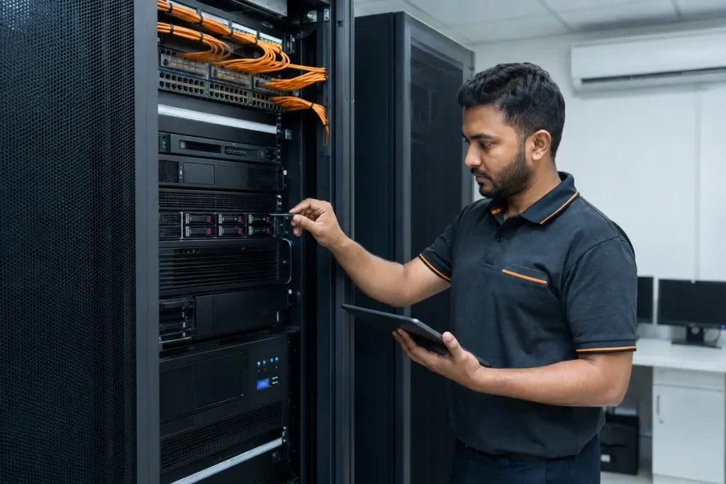 IT technician maintaining an organized office server rack
